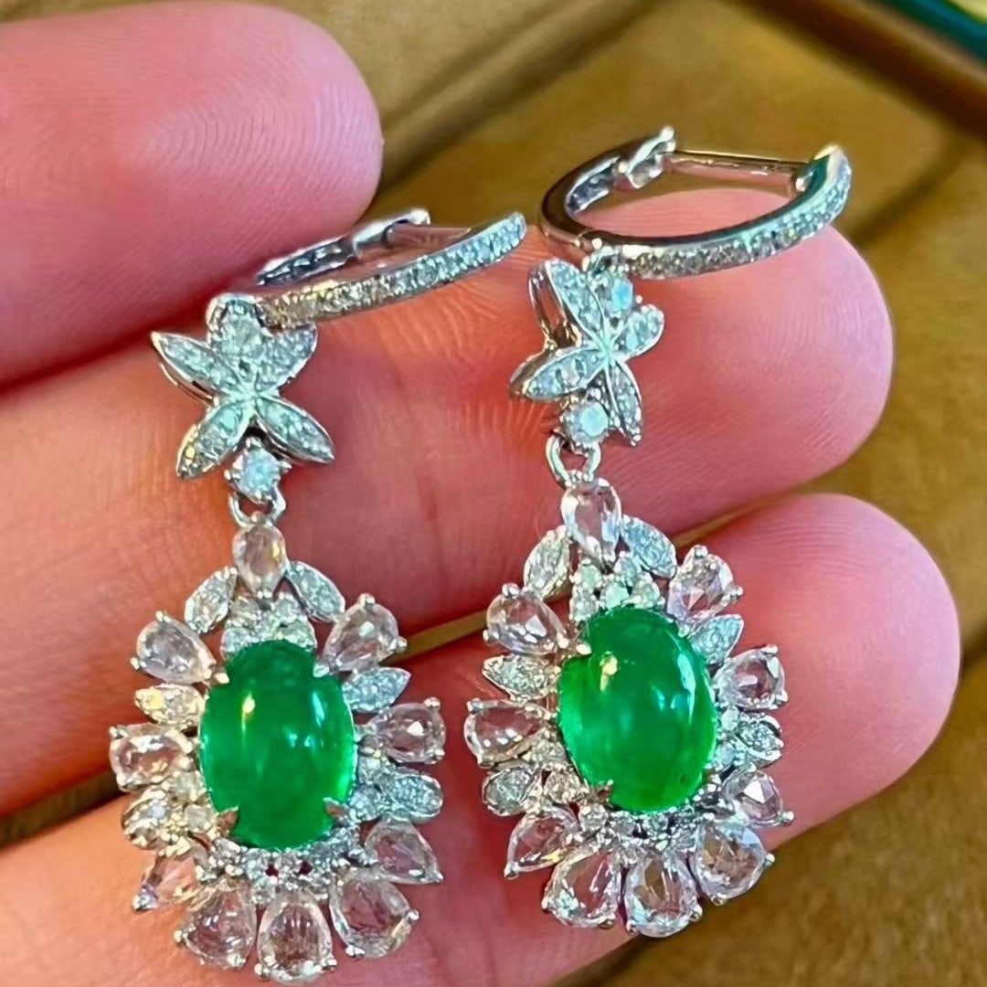 14k Gold 1.95 Ct Vivid Green Natural Emerald & Diamond & Sapphire Earrings - 4
