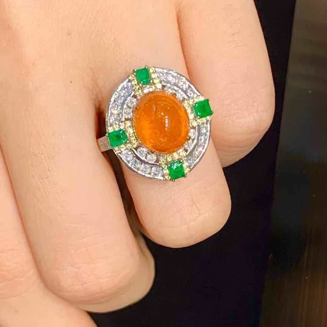 14k Gold 6.28 Ct Natural Spessartine & Diamond & Emerald Ring - 3