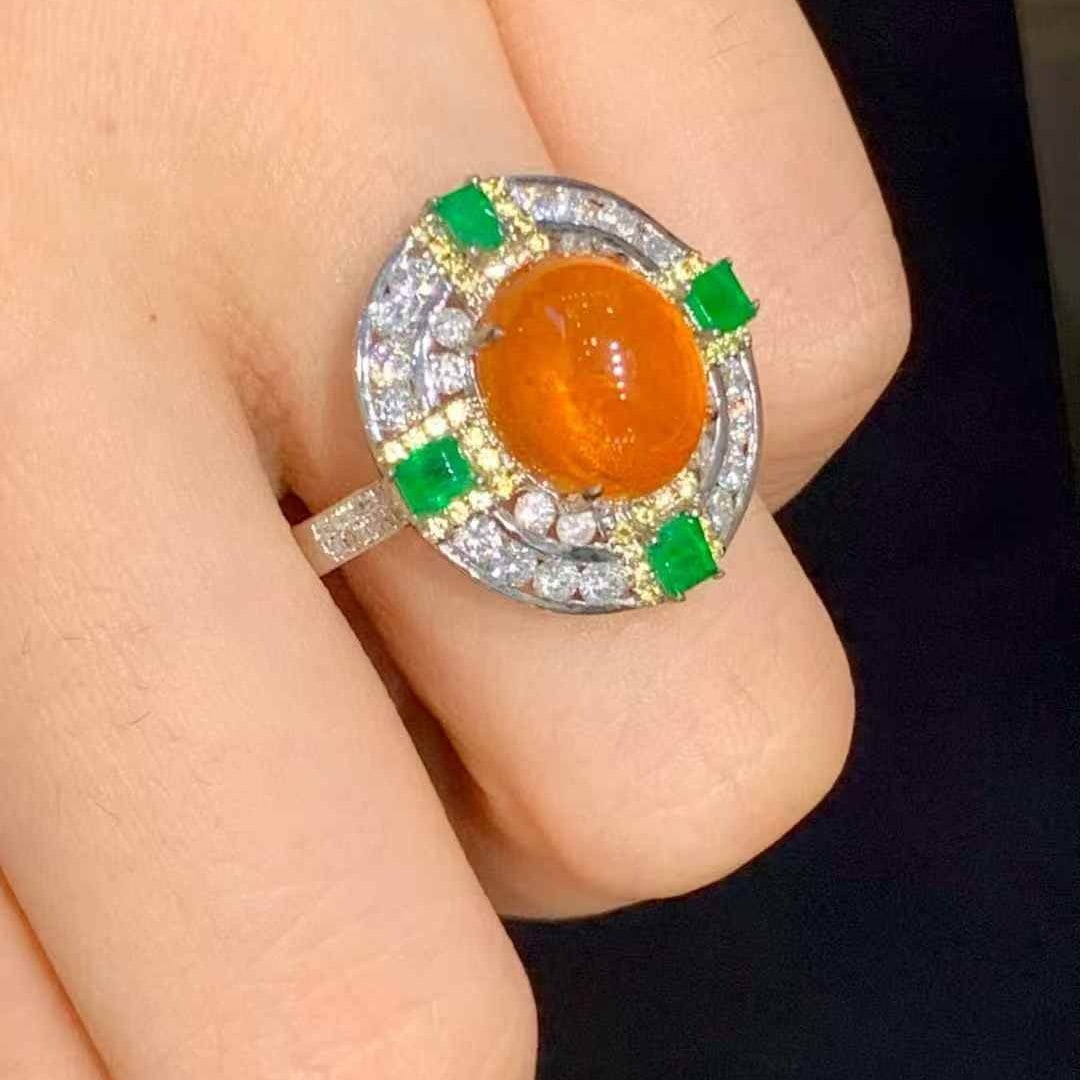 14k Gold 6.28 Ct Natural Spessartine & Diamond & Emerald Ring - 4