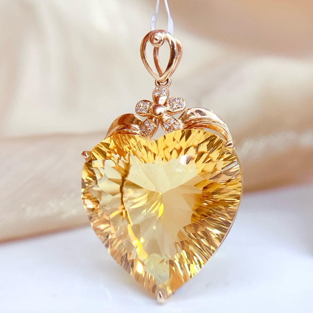 14k Gold 32 Ct Natural Citrine & Diamond Pendant( Without Chain ) - 4