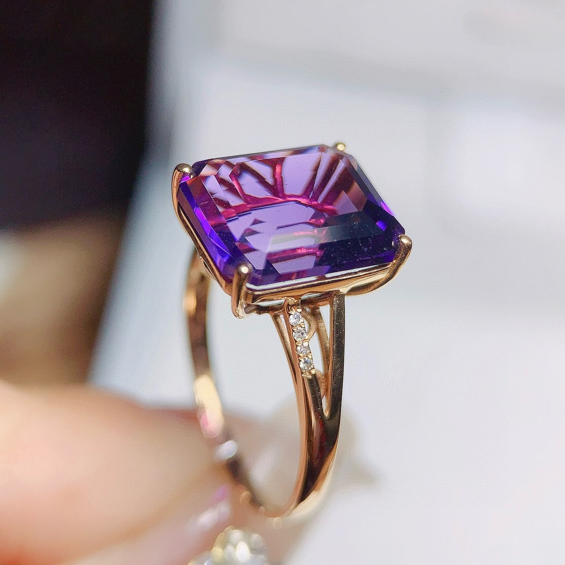 14k Gold 5.82 Ctw Natural Amethyst & Diamond Ring - 5