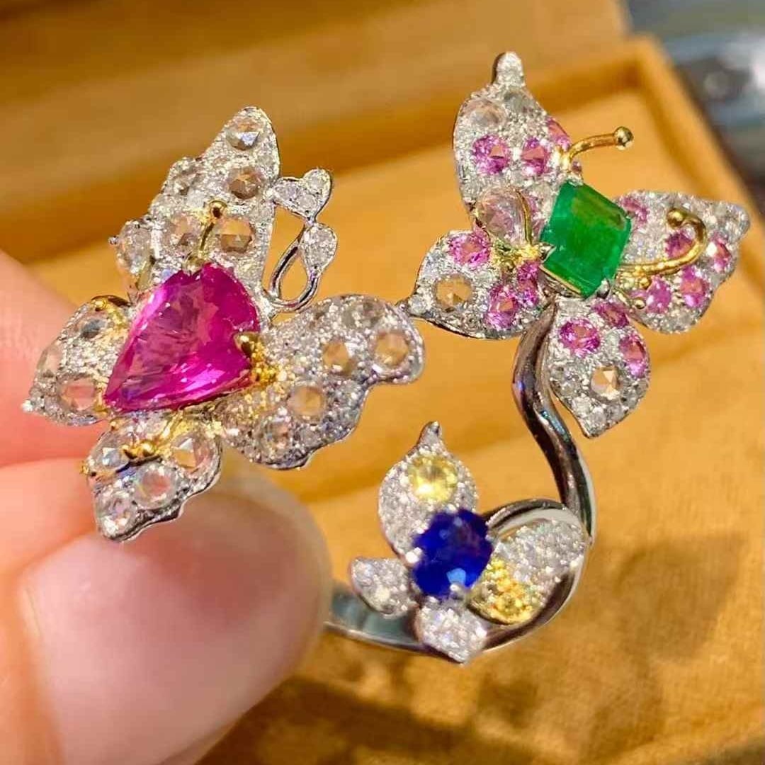 14k Gold 1.8 Ct Natural Ruby & Sapphire & Emerald & Sapphire & Diamond Ring - 3