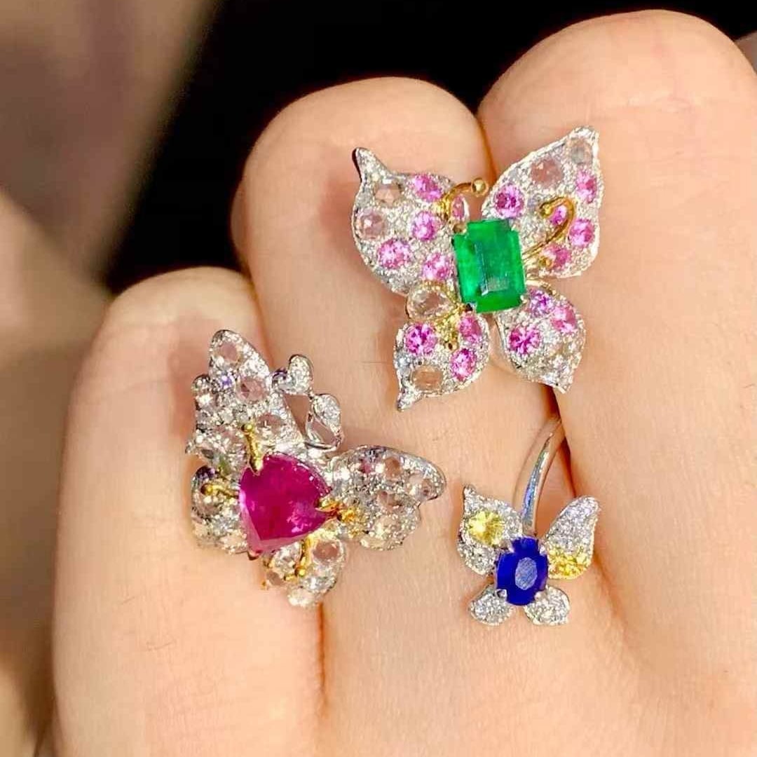 14k Gold 1.8 Ct Natural Ruby & Sapphire & Emerald & Sapphire & Diamond Ring - 5