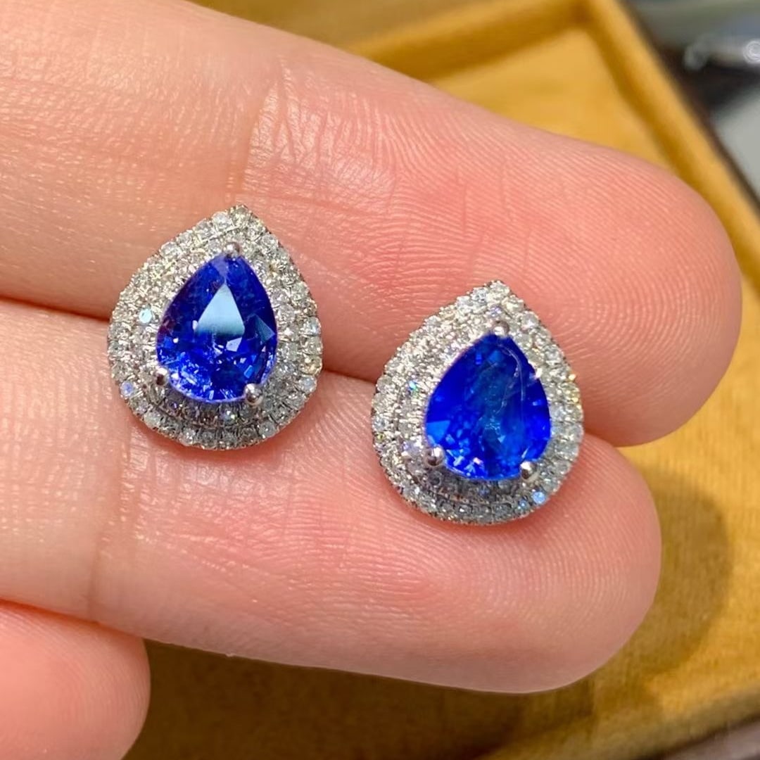 14k Gold 1.9 Ct Natural Sapphire & Diamond Earrings - 3