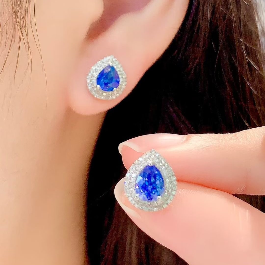 14k Gold 1.9 Ct Natural Sapphire & Diamond Earrings - 6