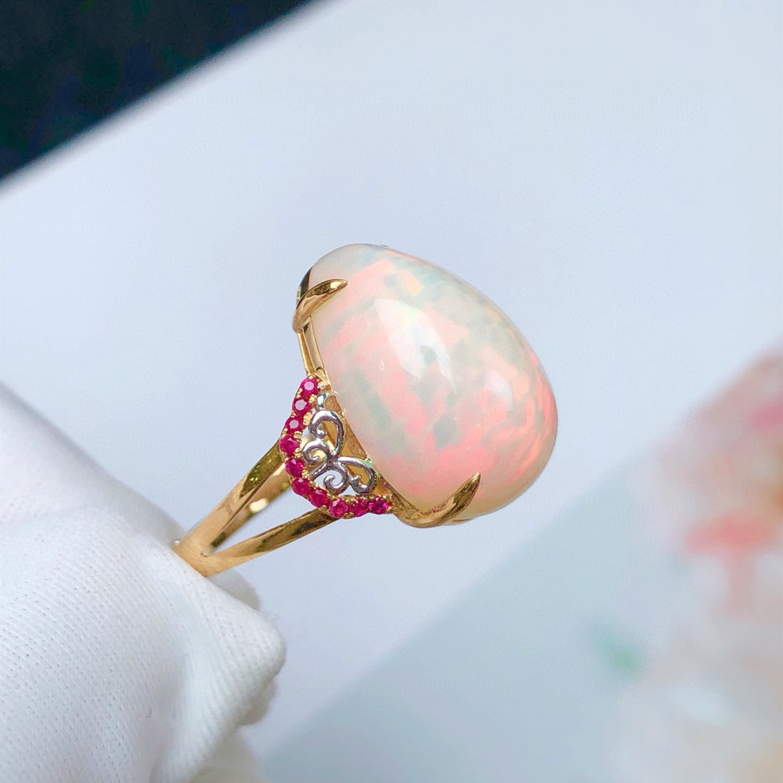 14k Gold 8.04 Ct Natural Opal & Ruby Ring - 2