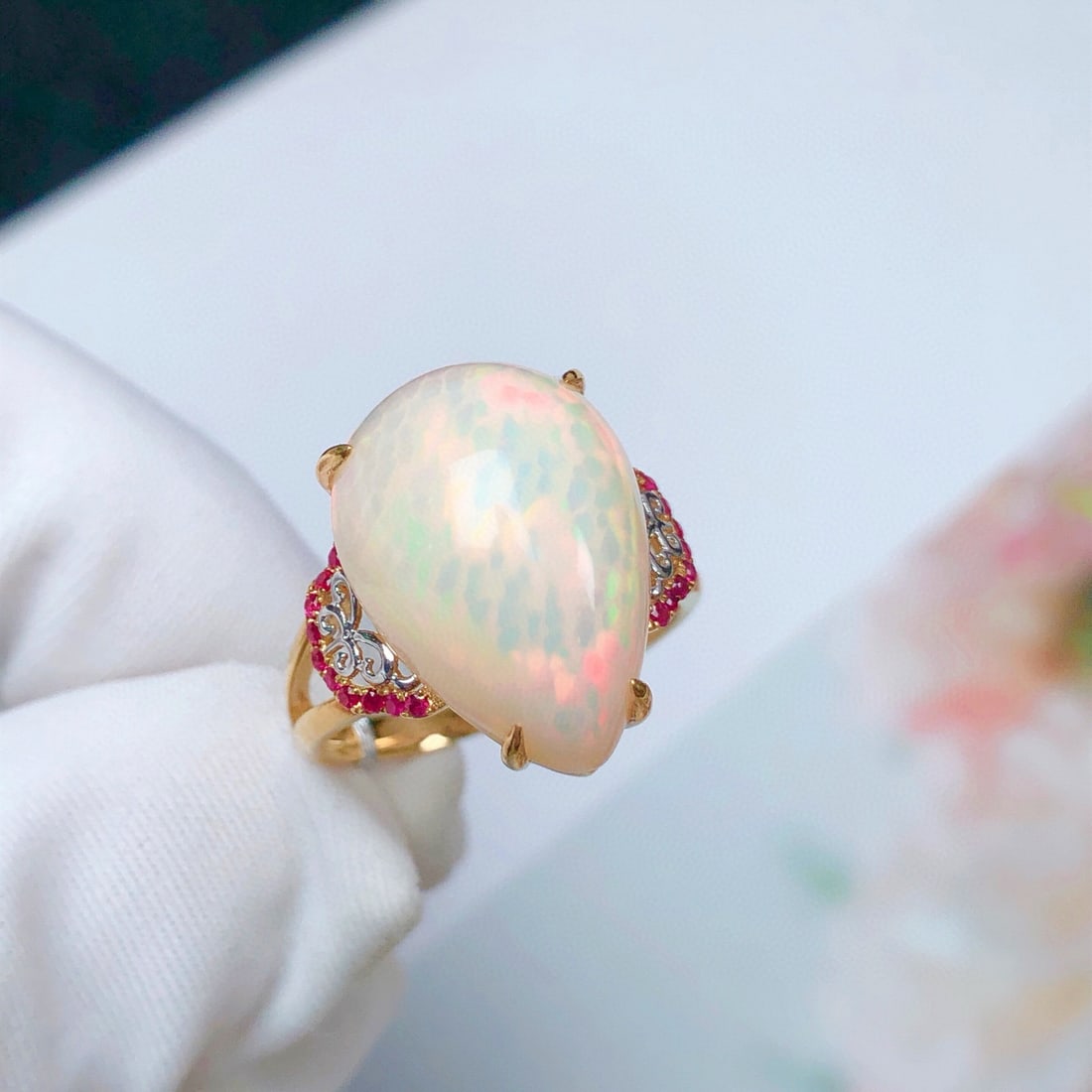 14k Gold 8.04 Ct Natural Opal & Ruby Ring - 5