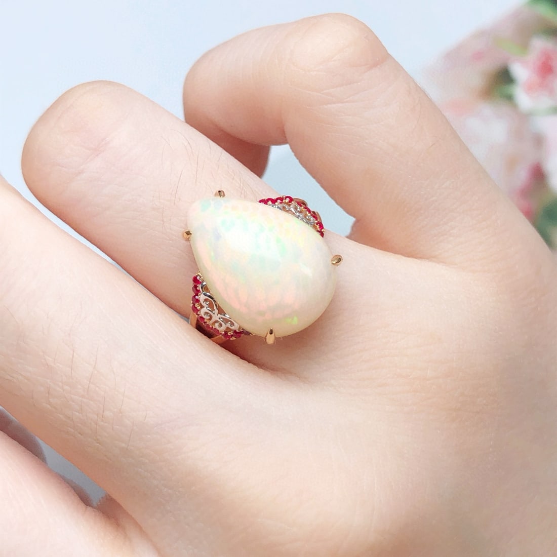 14k Gold 8.04 Ct Natural Opal & Ruby Ring - 7