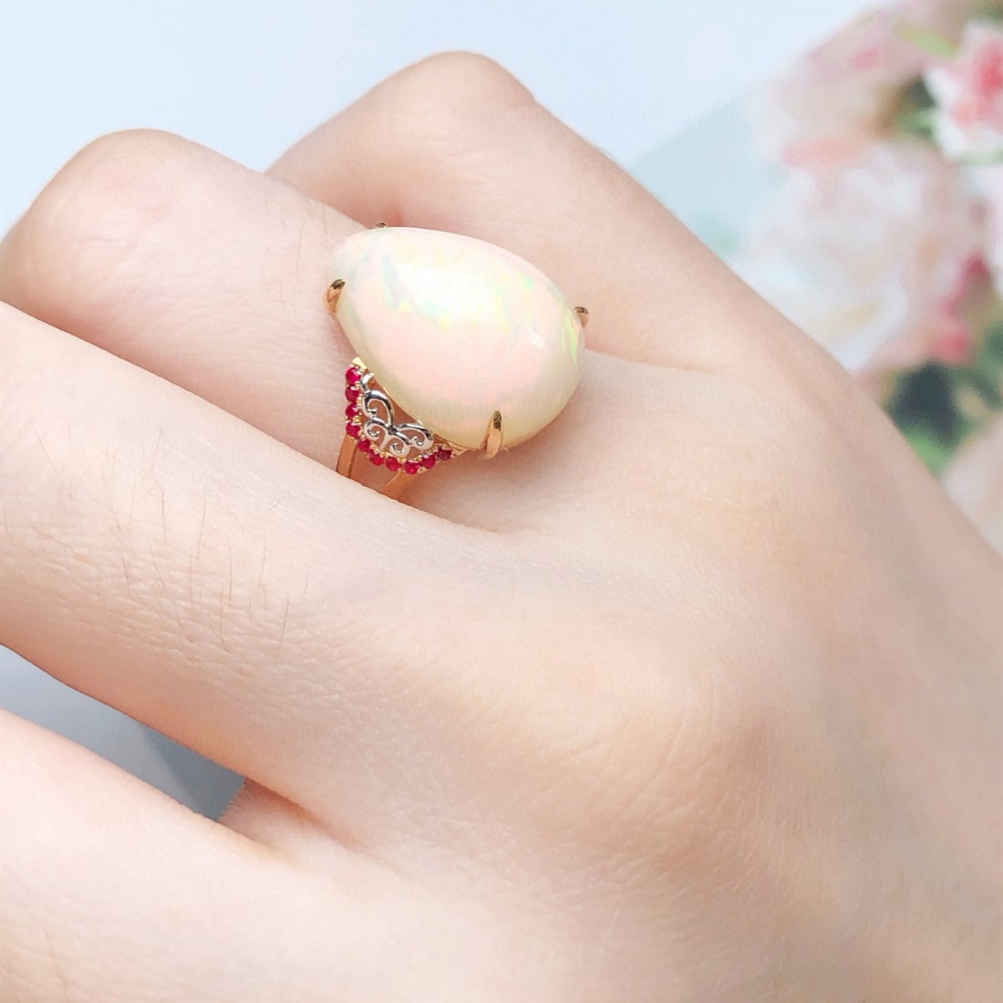 14k Gold 8.04 Ct Natural Opal & Ruby Ring - 8