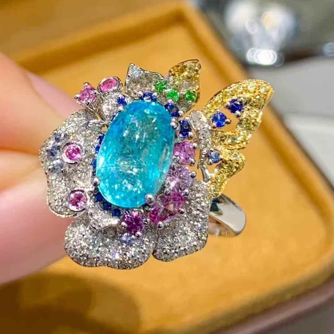14k Gold 1.44 Ct Natural Paraiba Tourmaline & Diamond & Sapphire Ring - 2