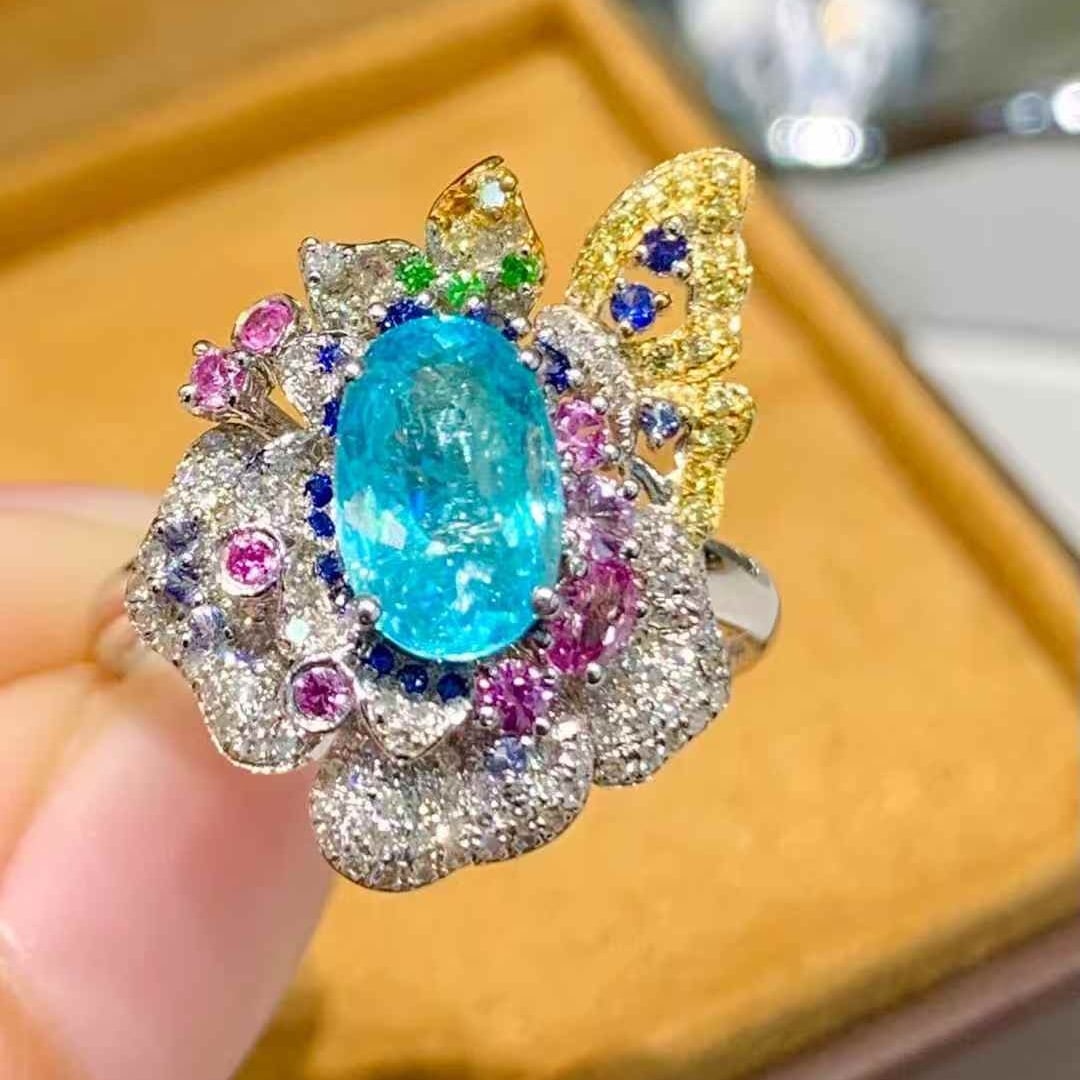 14k Gold 1.44 Ct Natural Paraiba Tourmaline & Diamond & Sapphire Ring - 3