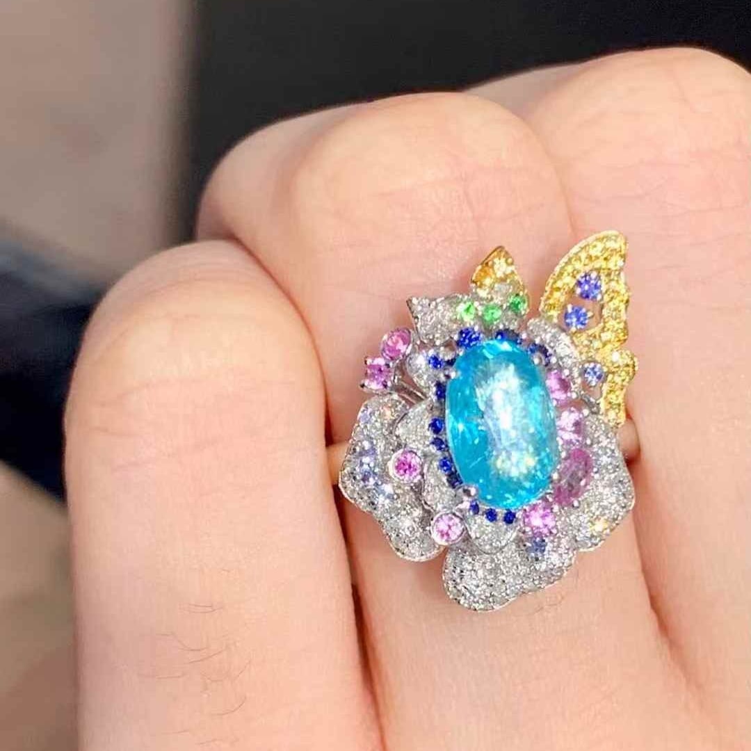 14k Gold 1.44 Ct Natural Paraiba Tourmaline & Diamond & Sapphire Ring - 4