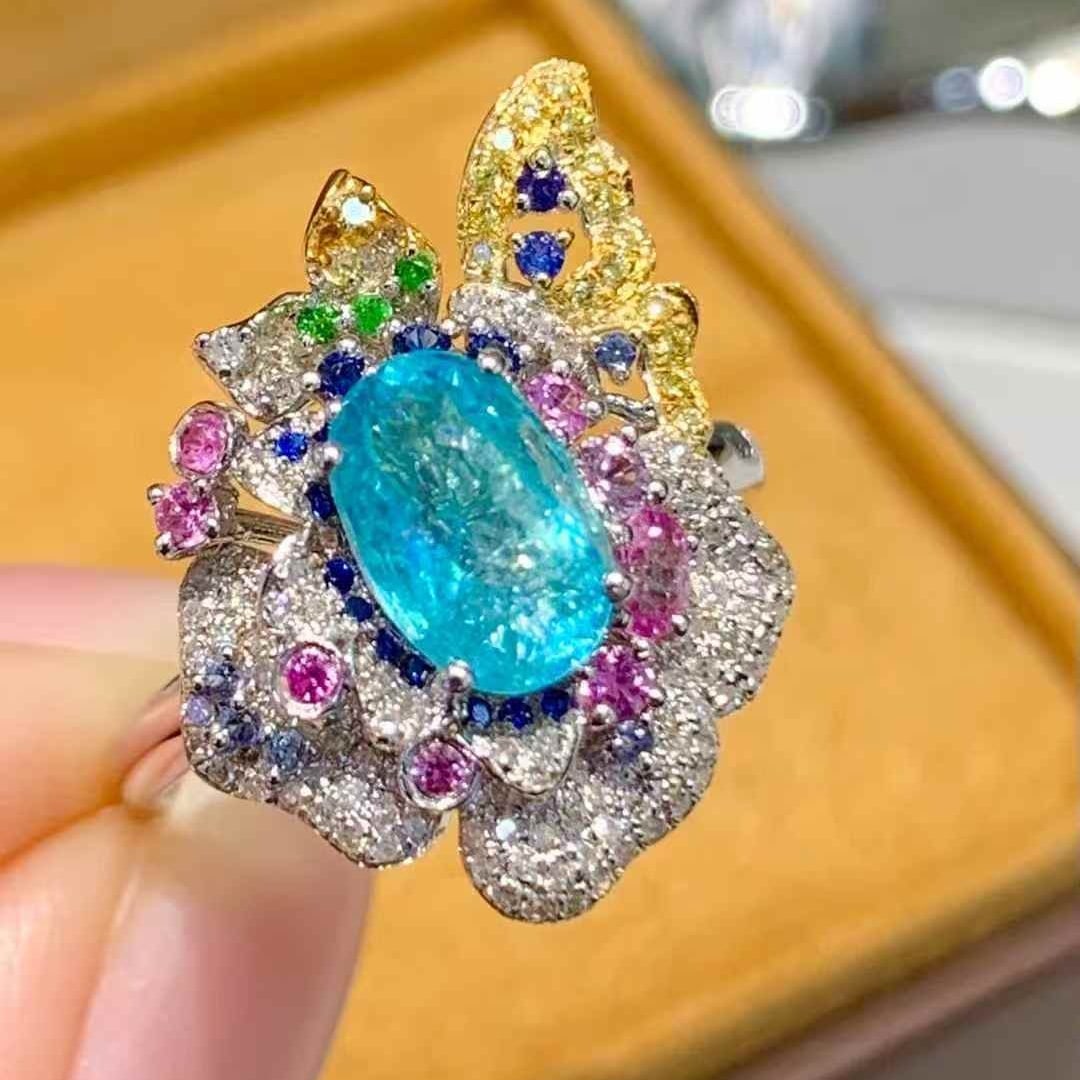 14k Gold 1.44 Ct Natural Paraiba Tourmaline & Diamond & Sapphire Ring - 6