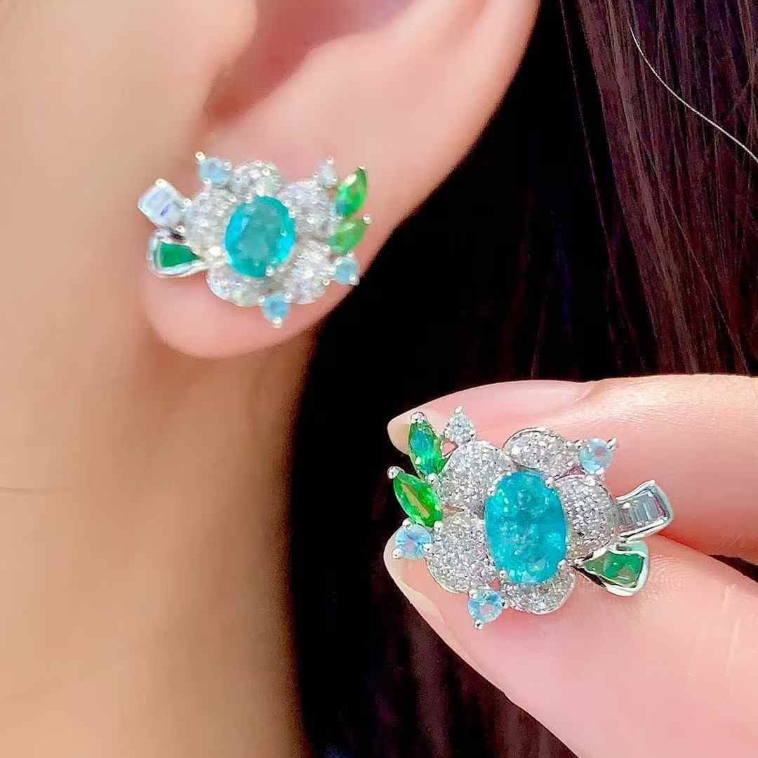 14k Gold 1.1 Ct Natural Paraiba Tourmaline & Diamond Earrings - 3
