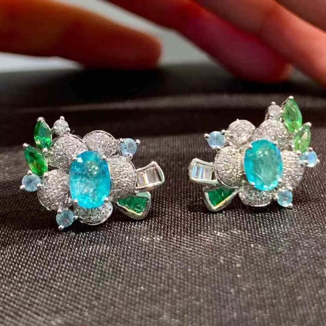 14k Gold 1.1 Ct Natural Paraiba Tourmaline & Diamond Earrings - 4