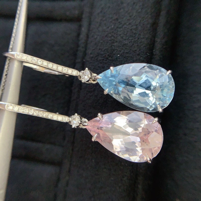 14k Gold 9.89 Ctw Natural Aquamarine & Morganite & Diamond Earrings - 4