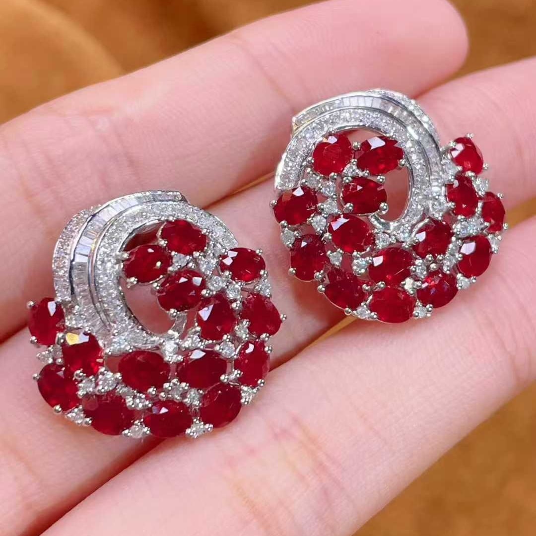 14k Gold 6.5 Ct Natural Ruby & Diamond Earrings - 5