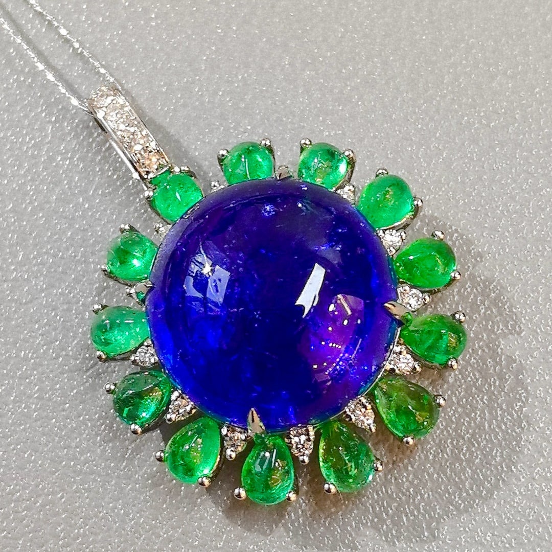 14k Gold 20.00 Ctw Natural Tanzanite & Emerald Pendant( Without Chain ) - 4