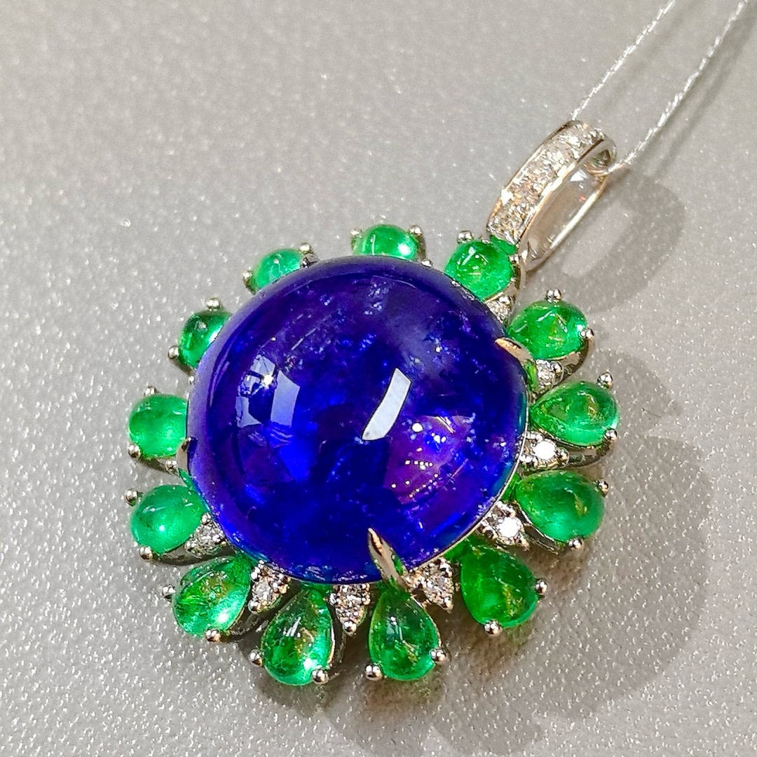 14k Gold 20.00 Ctw Natural Tanzanite & Emerald Pendant( Without Chain ) - 5