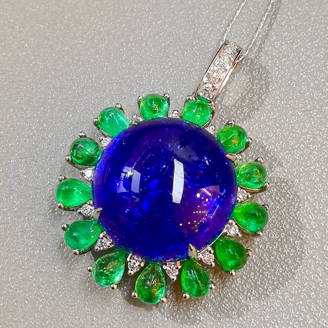 14k Gold 20.00 Ctw Natural Tanzanite & Emerald Pendant( Without Chain ) - 6