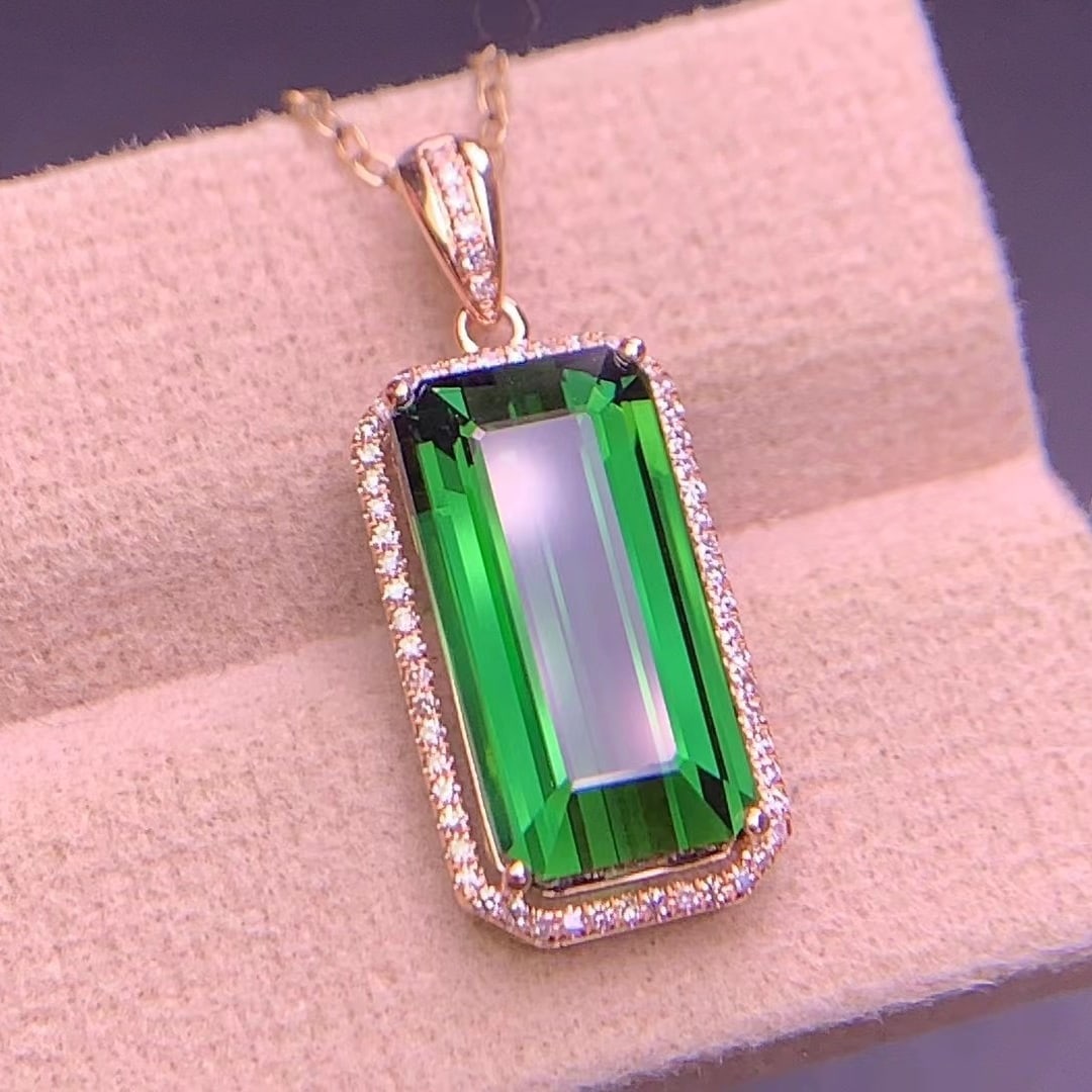 14k Gold 6.05 Ct Natural Tourmaline & Diamond Pendant( Without Chain ) - 2