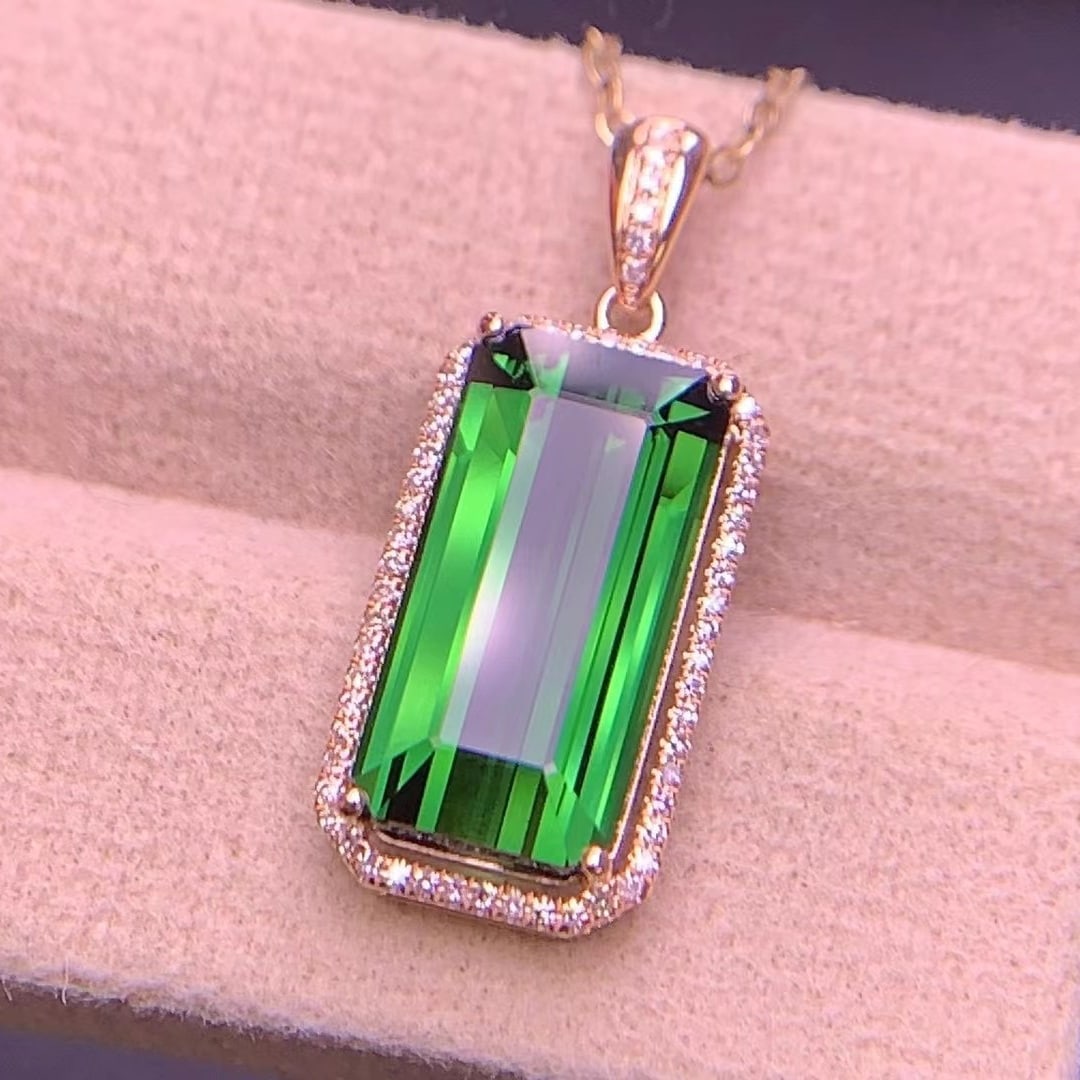 14k Gold 6.05 Ct Natural Tourmaline & Diamond Pendant( Without Chain ) - 4