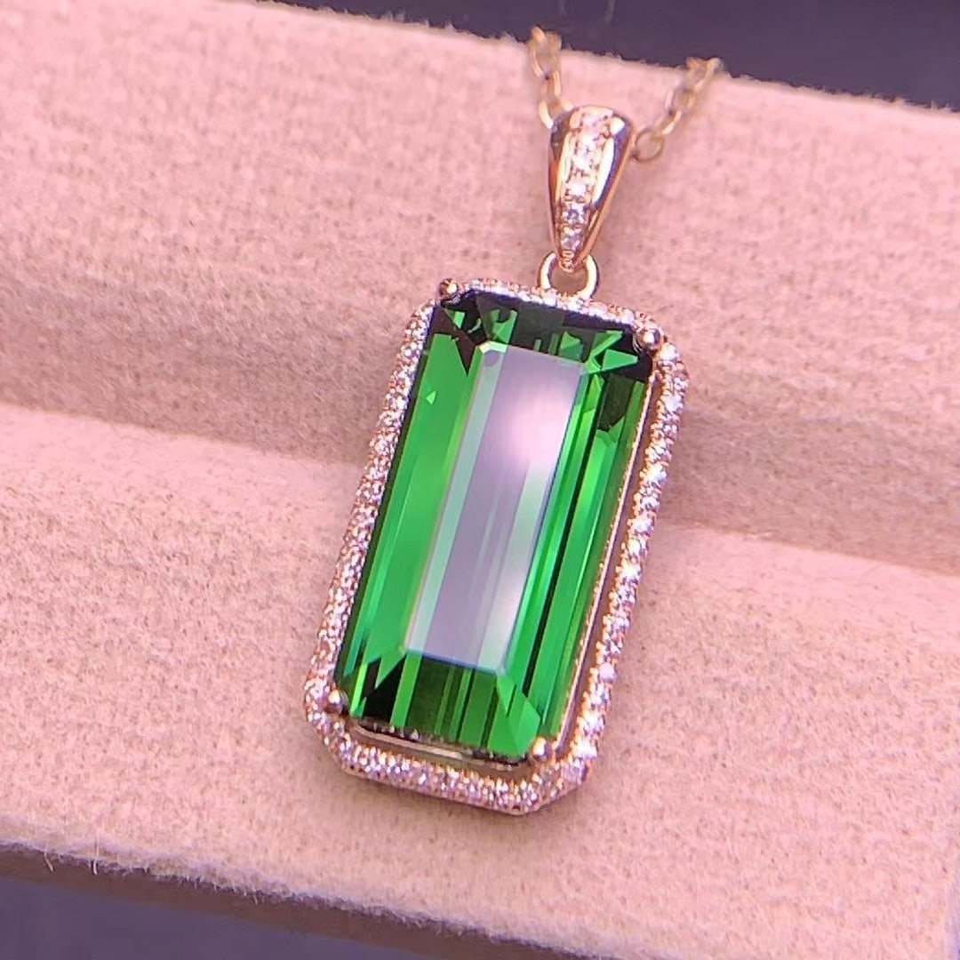 14k Gold 6.05 Ct Natural Tourmaline & Diamond Pendant( Without Chain ) - 7