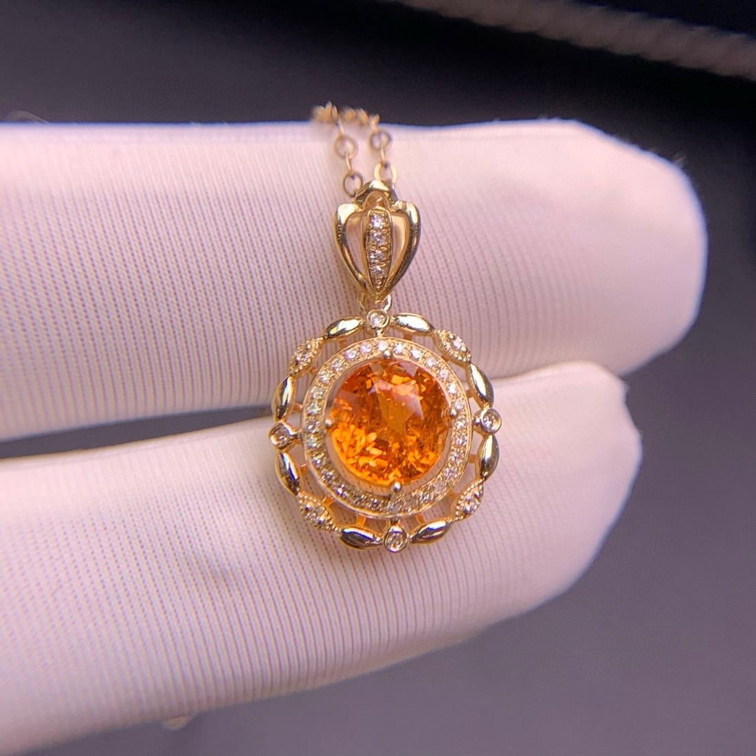 14k Gold 1.9 Ct Natural Spessartine & Diamond Pendant( Without Chain ) - 2