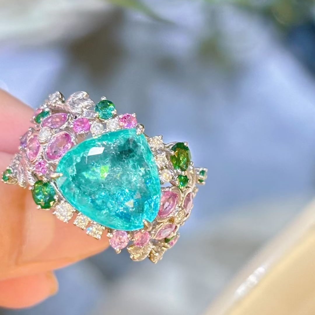 14k Gold 3.91 Ct Natural Paraiba Tourmaline & Diamond & Sapphire Ring - 2