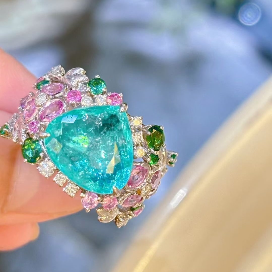 14k Gold 3.91 Ct Natural Paraiba Tourmaline & Diamond & Sapphire Ring - 3