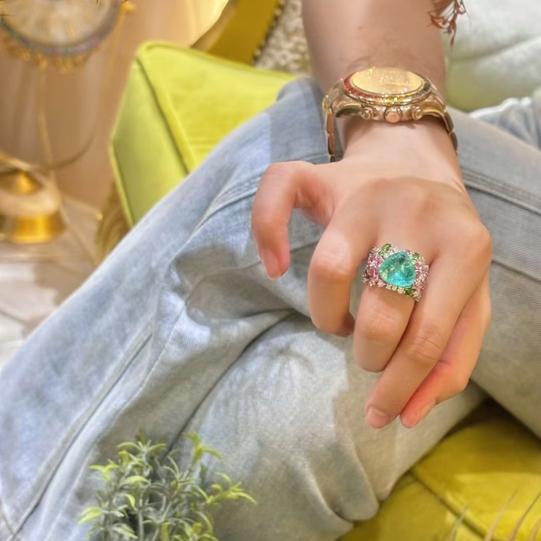 14k Gold 3.91 Ct Natural Paraiba Tourmaline & Diamond & Sapphire Ring - 4