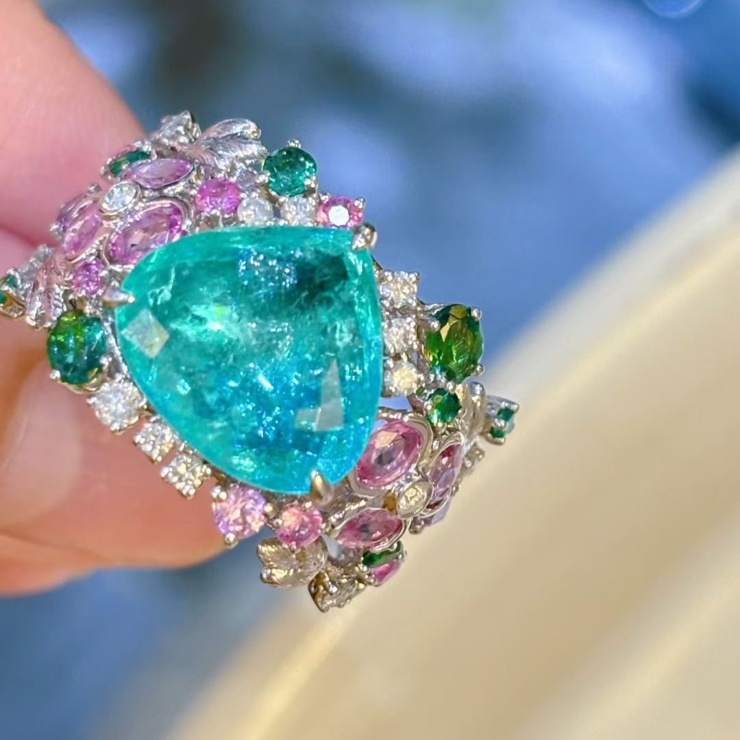 14k Gold 3.91 Ct Natural Paraiba Tourmaline & Diamond & Sapphire Ring - 5