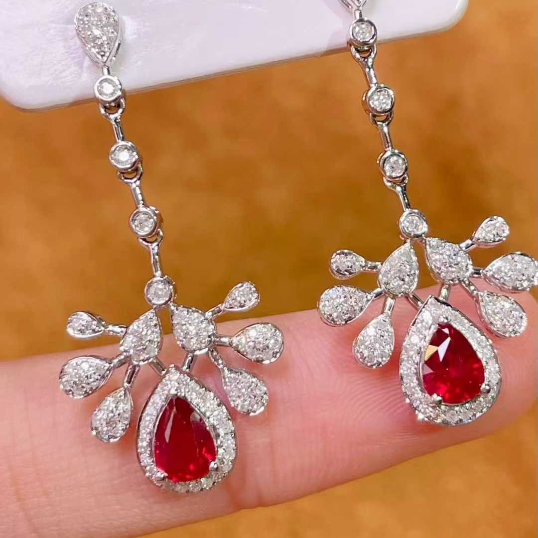 14k Gold 1.02 Ct Vivid Red Natural Ruby & Diamond Earrings - 2