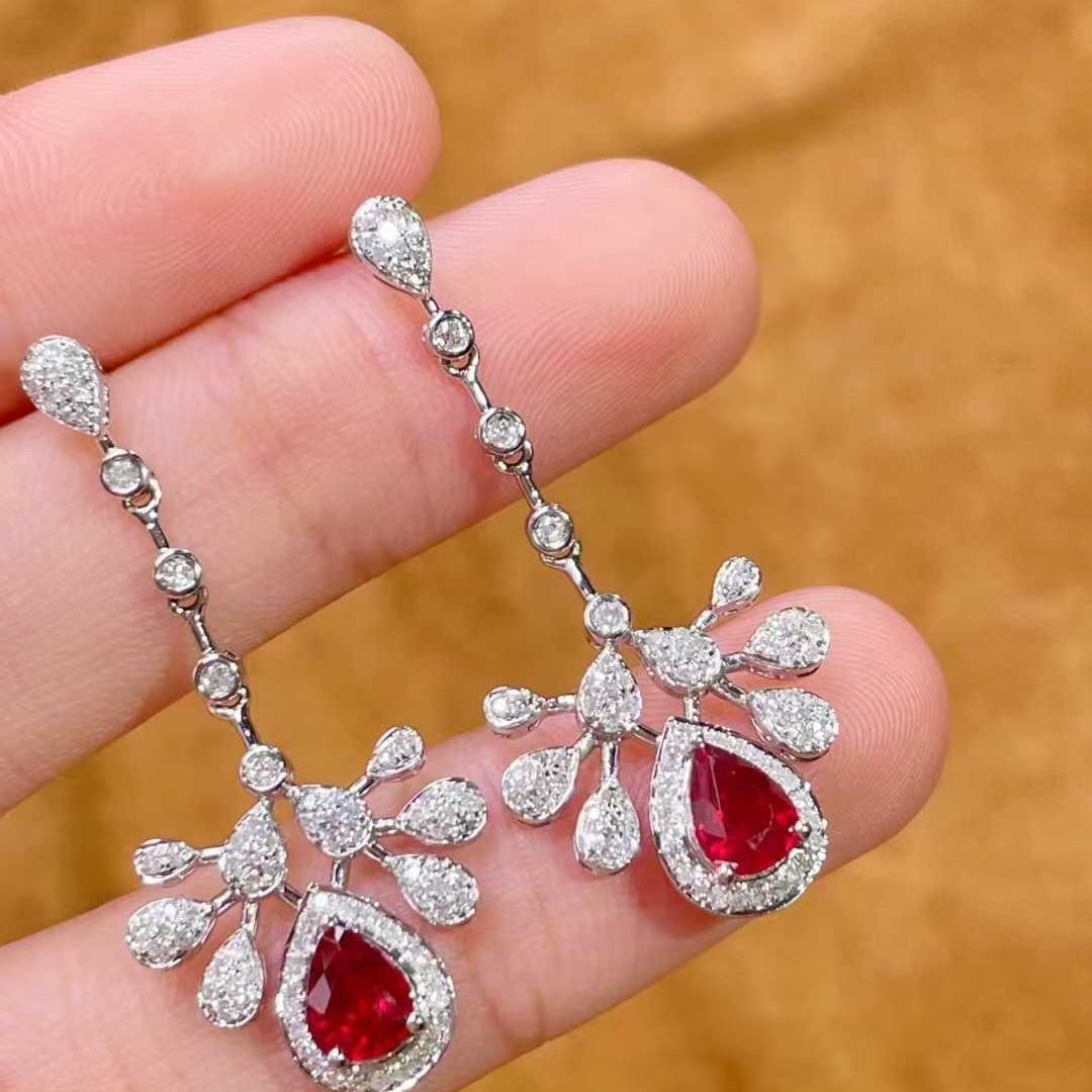 14k Gold 1.02 Ct Vivid Red Natural Ruby & Diamond Earrings - 4