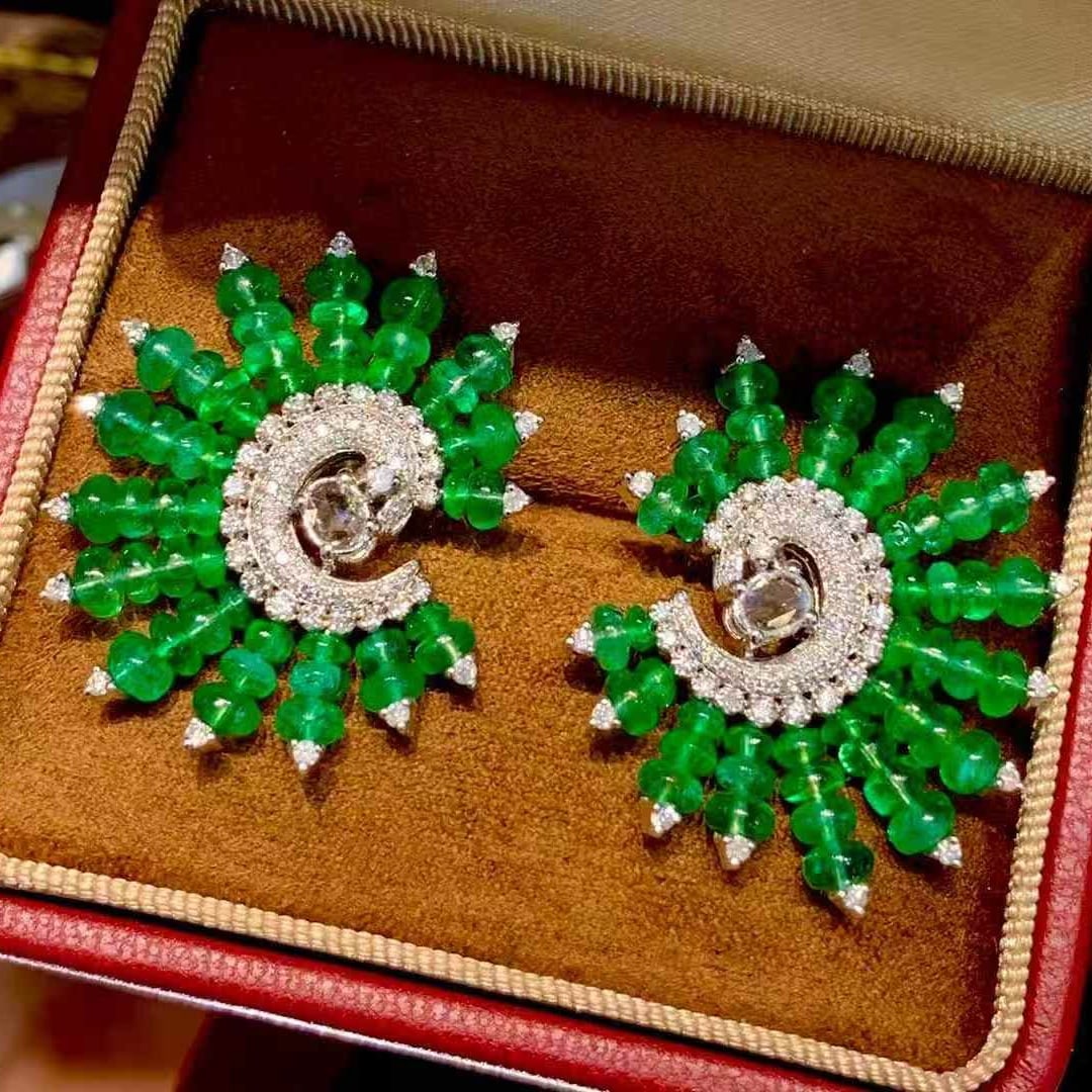 14k Gold 22.65 Ct Natural Emerald & Diamond Earrings - 2