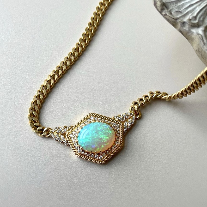 14k Gold 1.6 Ct Natural Opal & Diamond Necklace - 2