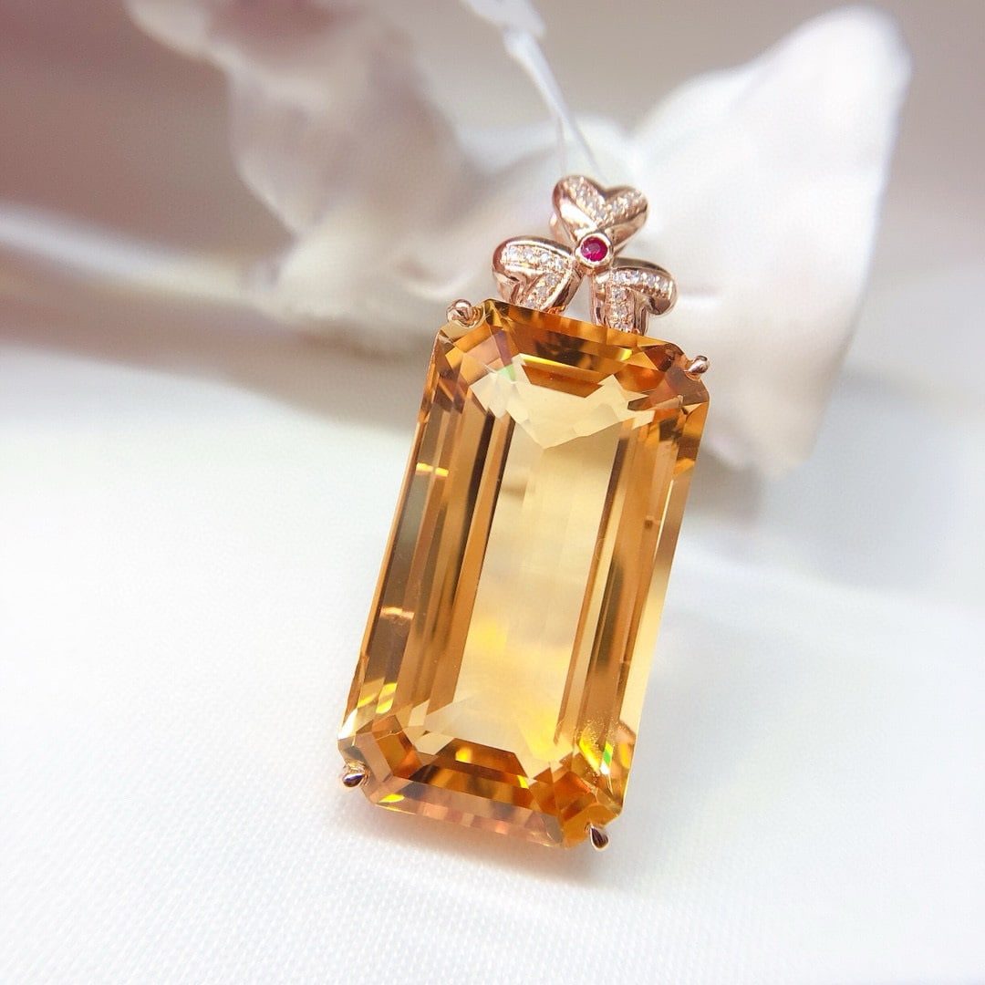 14k Gold 37.6 Ct Natural Citrine & Diamond Pendant( Without Chain ) - 2