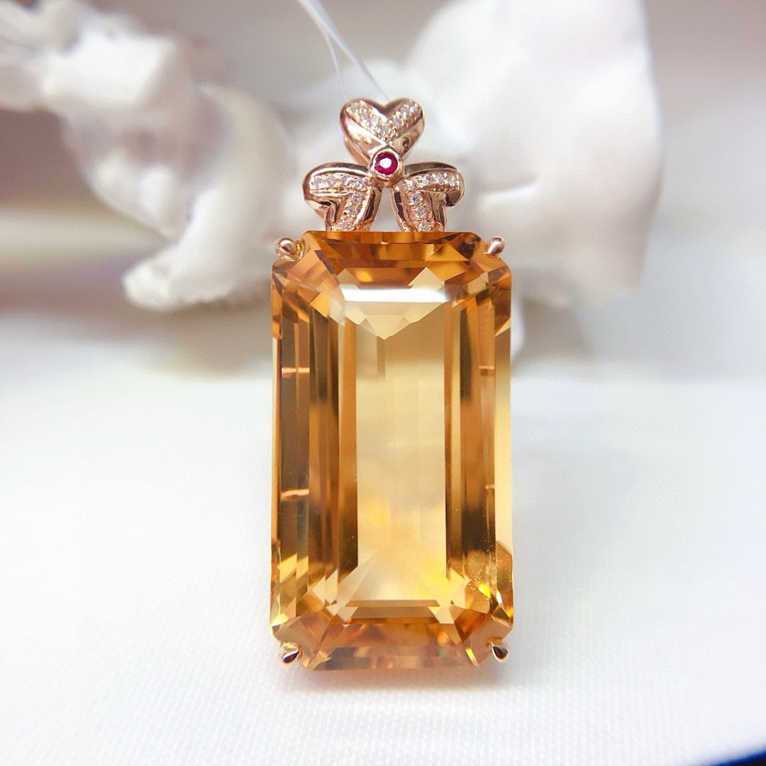 14k Gold 37.6 Ct Natural Citrine & Diamond Pendant( Without Chain ) - 3