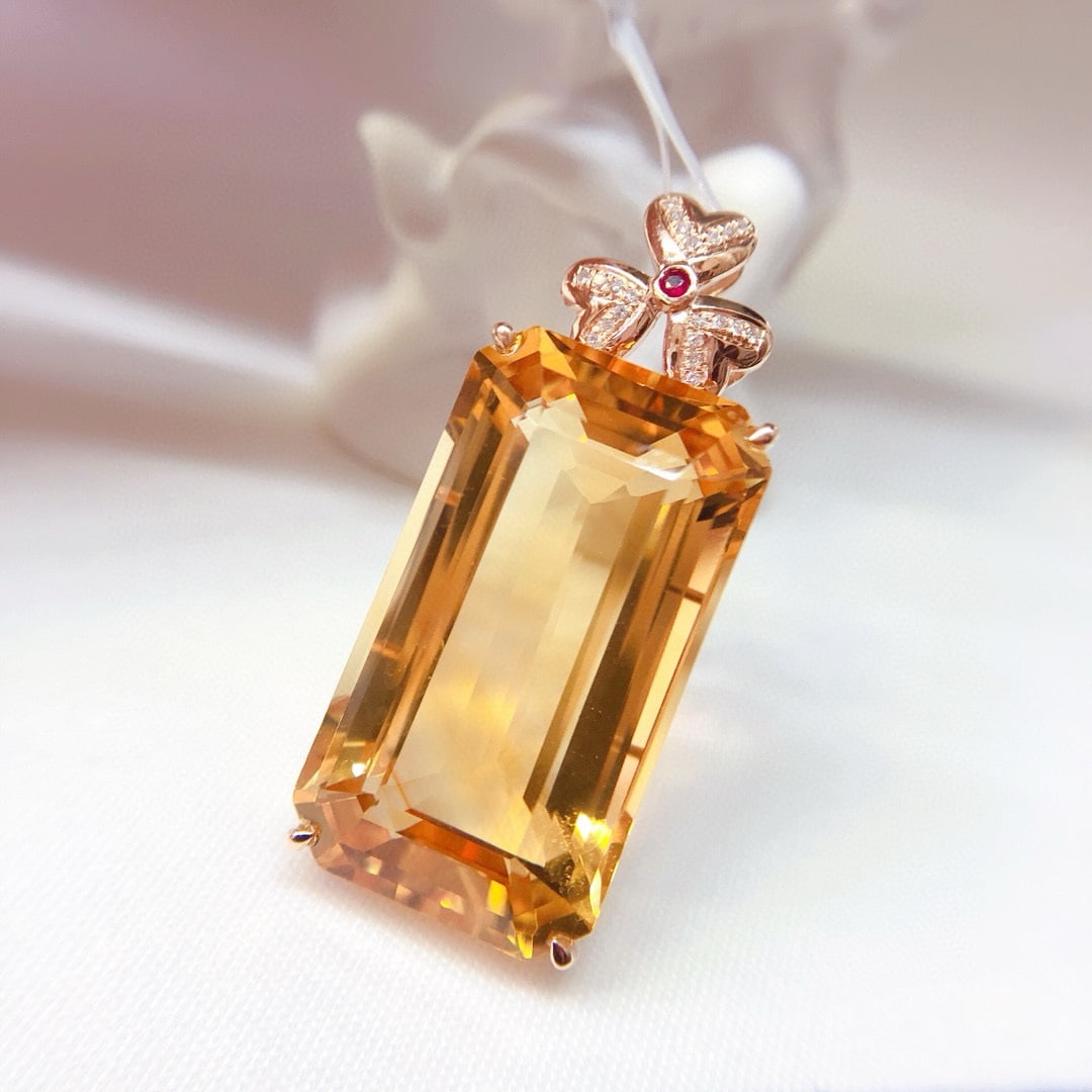 14k Gold 37.6 Ct Natural Citrine & Diamond Pendant( Without Chain ) - 4