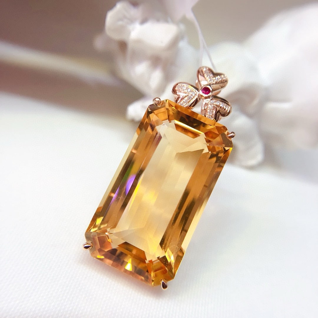14k Gold 37.6 Ct Natural Citrine & Diamond Pendant( Without Chain ) - 5