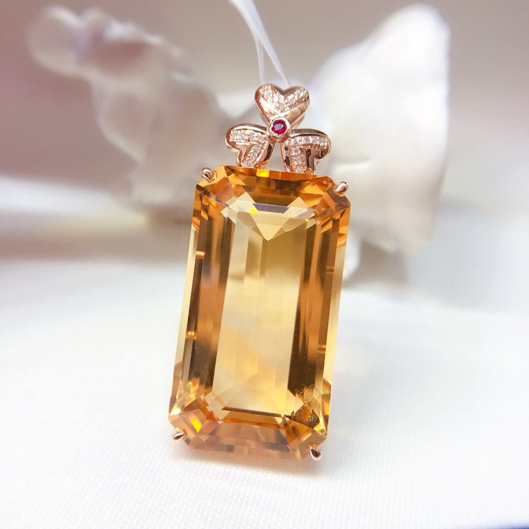 14k Gold 37.6 Ct Natural Citrine & Diamond Pendant( Without Chain ) - 6