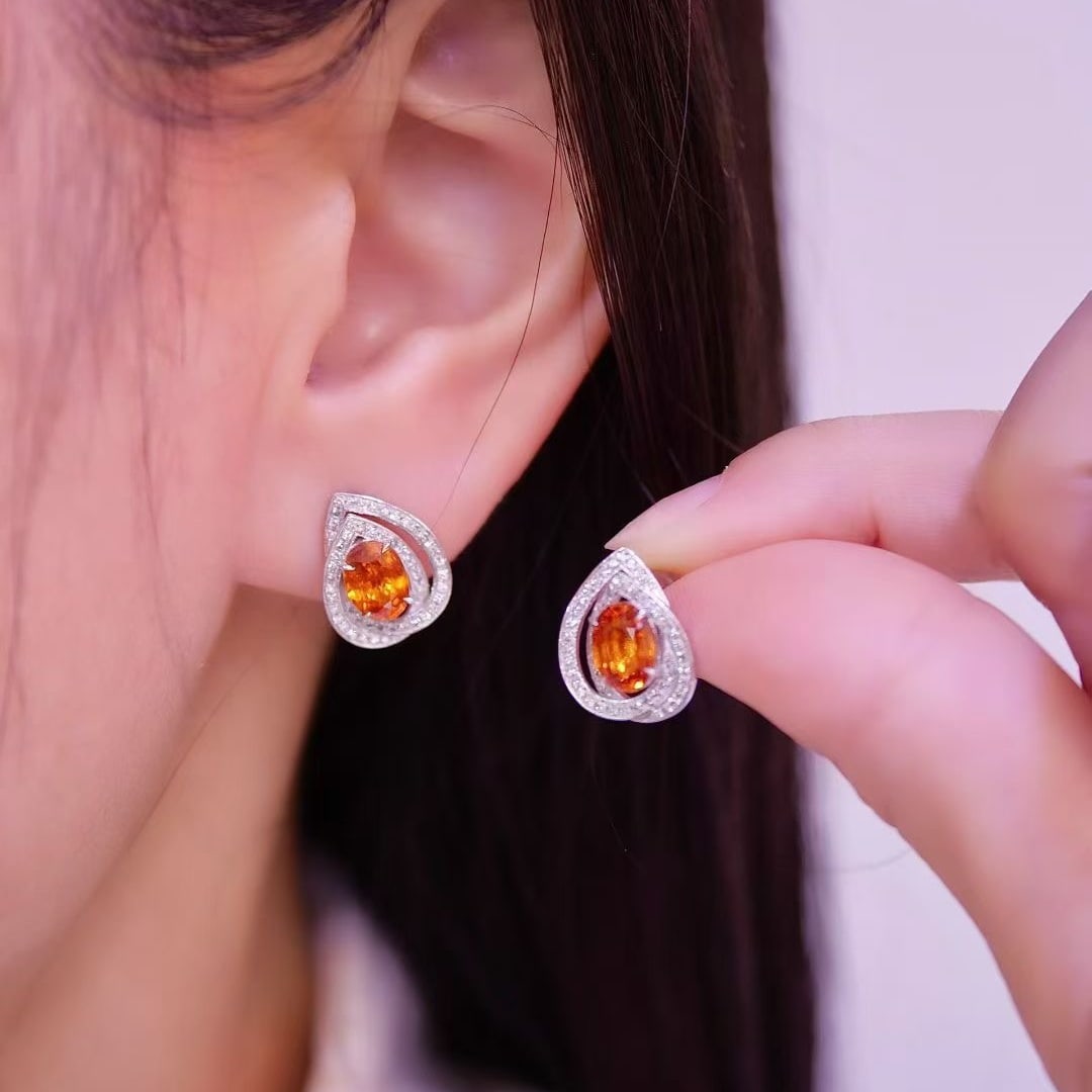 14k Gold 2.52 Ctw Natural Spessartine & Diamond Earrings - 2