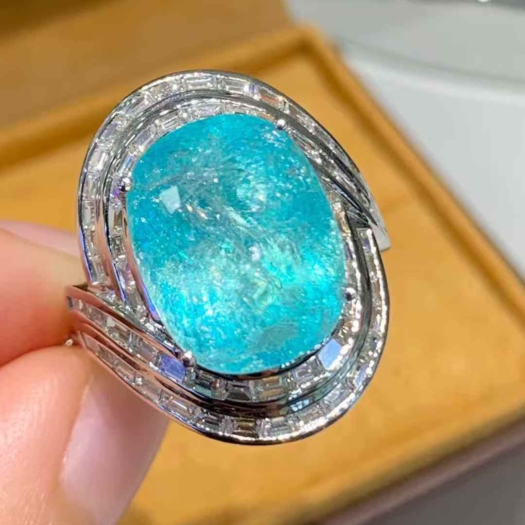 14k Gold 10.73 Ct Natural Paraiba Tourmaline & Diamond Ring - 2