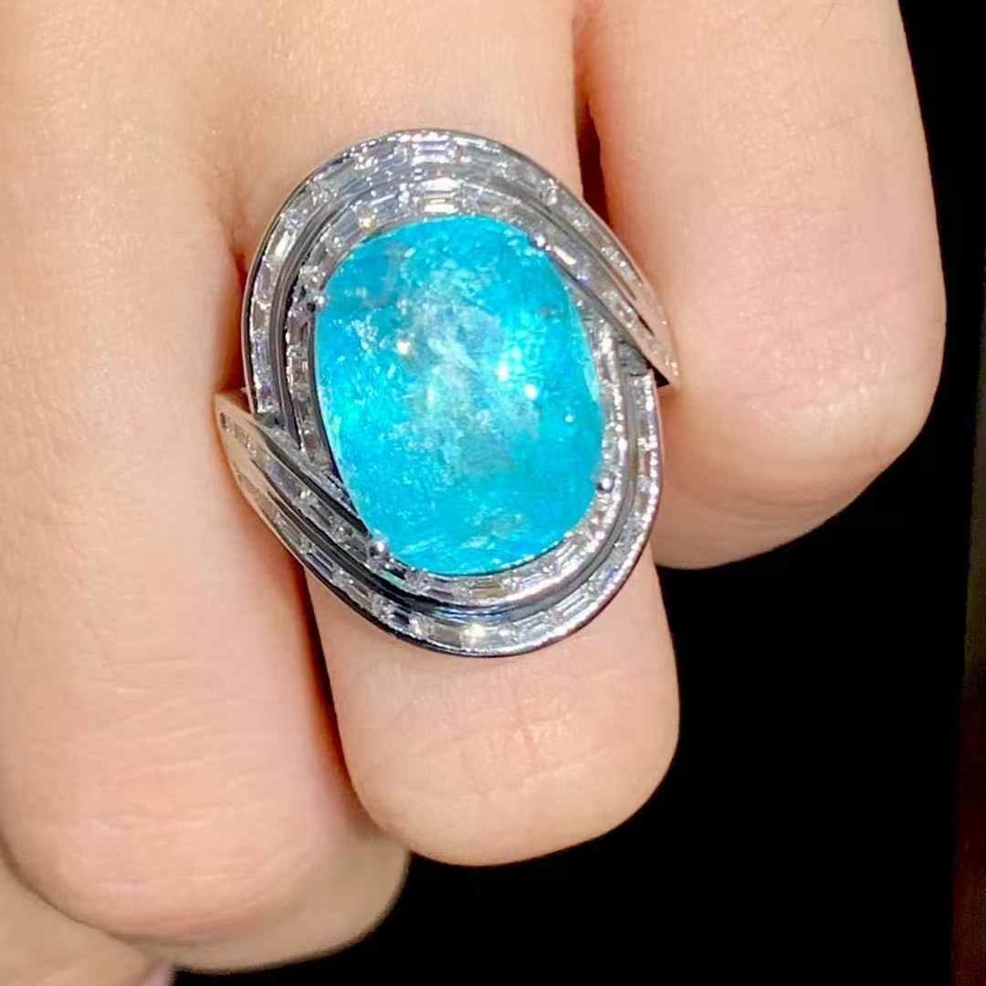 14k Gold 10.73 Ct Natural Paraiba Tourmaline & Diamond Ring - 3