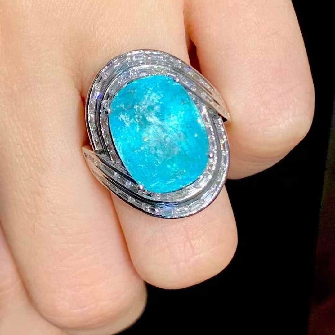 14k Gold 10.73 Ct Natural Paraiba Tourmaline & Diamond Ring - 4
