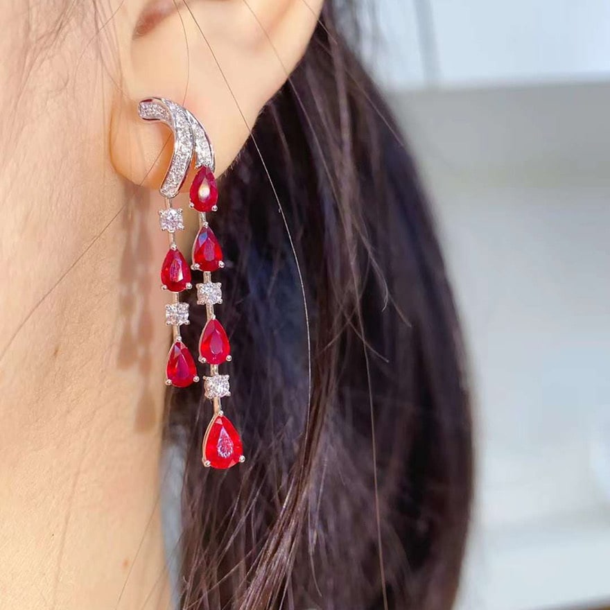14k Gold 3.99 Ctw Vivid Red Natural Ruby & Diamond Earrings - 4