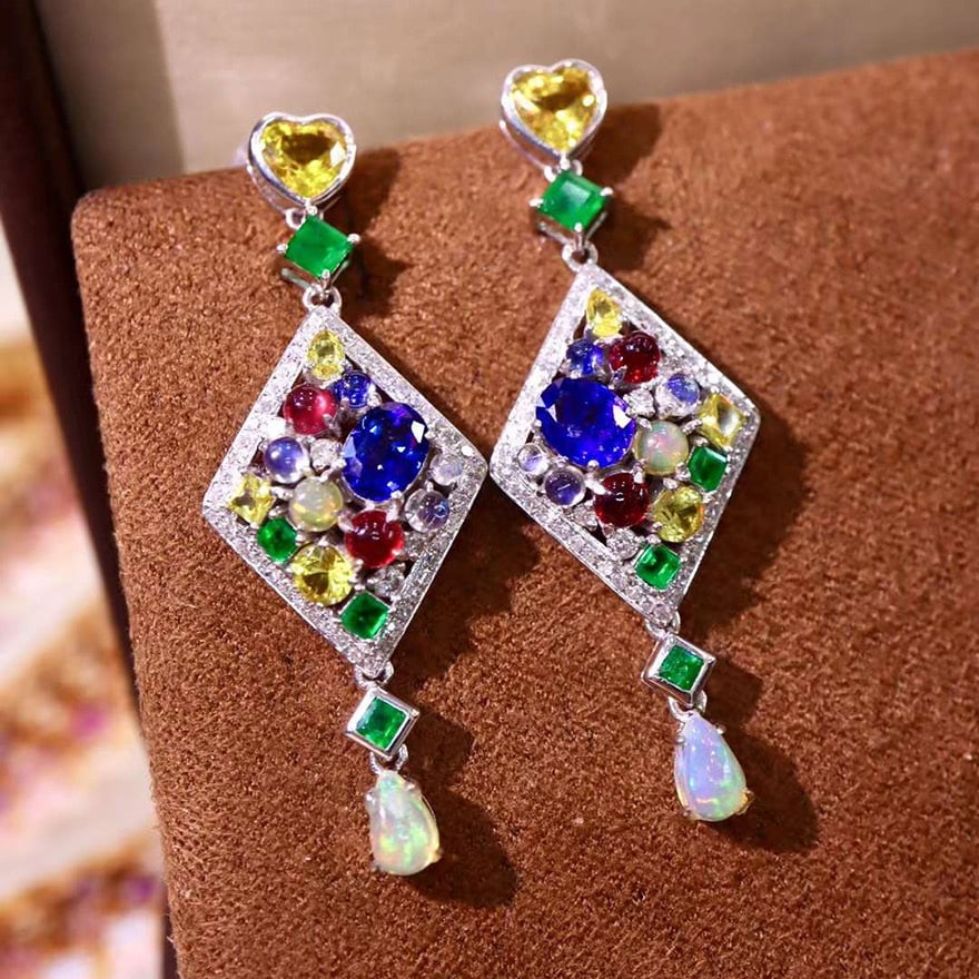 14k Gold 3.71 Ctw Natural Sapphire & Emerald & Ruby & Opal & Moonstone & Diamond Earrings - 2