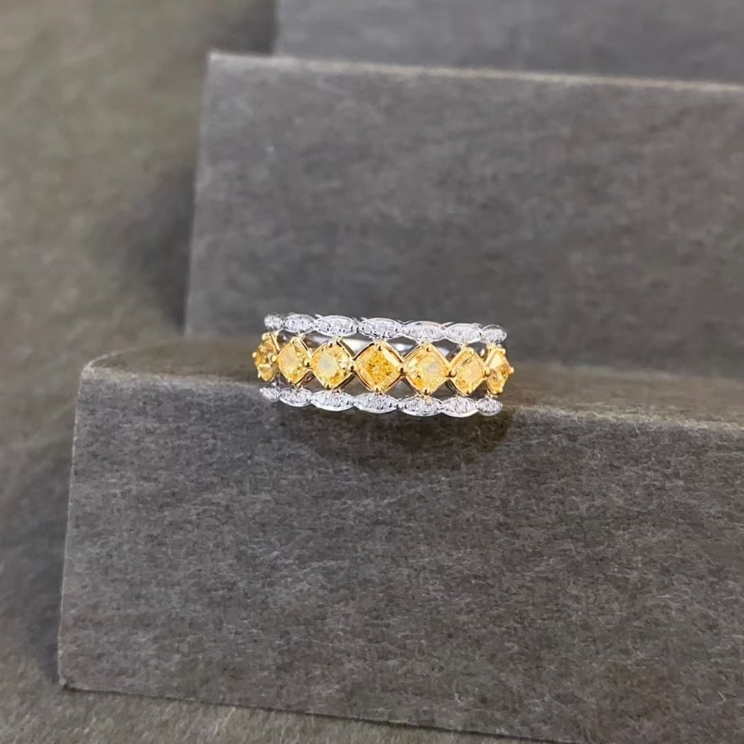 14k Gold 1.1 Ctw Natural Yellow Diamond & Diamond Ring: Ref:231048022 // gold content:14k gold // ring size:7. 25us // // main gemstone:yellow diamond // shape:cushion // carat weight:1ct // color:yellow // treatment:natural // // adjacent gemstone 2 :