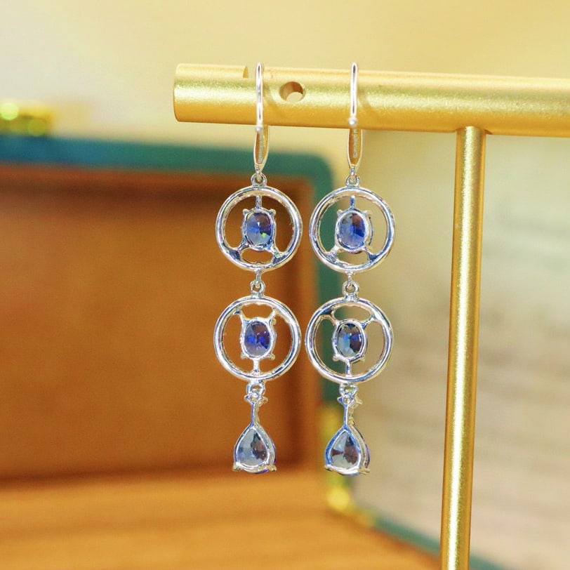 14k Gold 2.93 Ctw Natural Sapphire & Diamond Earrings - 4