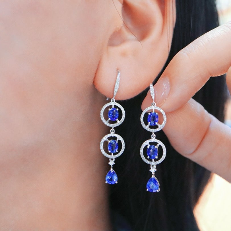 14k Gold 2.93 Ctw Natural Sapphire & Diamond Earrings - 5